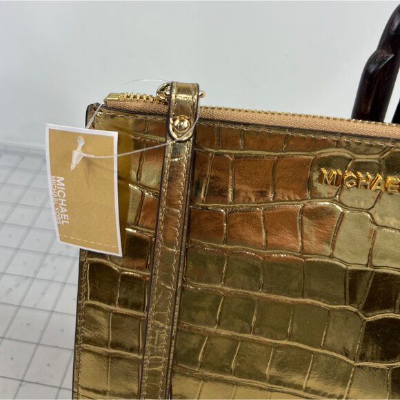 Michael Kors Gold Jet Set Travel XL Leather Clutch New NWT Wristlet w/Strap - Picture 2 of 7